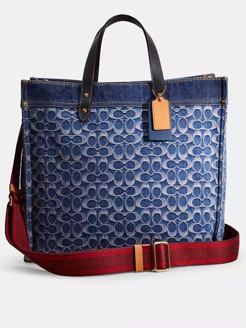 Coach Signature Denim XL Field Tote with Burgundy Strap, OS, EUC